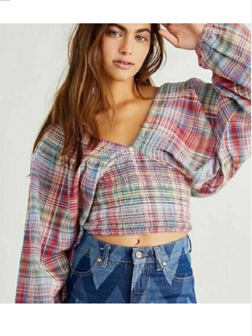 Free People | Marlena Plaid Smocked Long Sleeve Crop Top Size M
